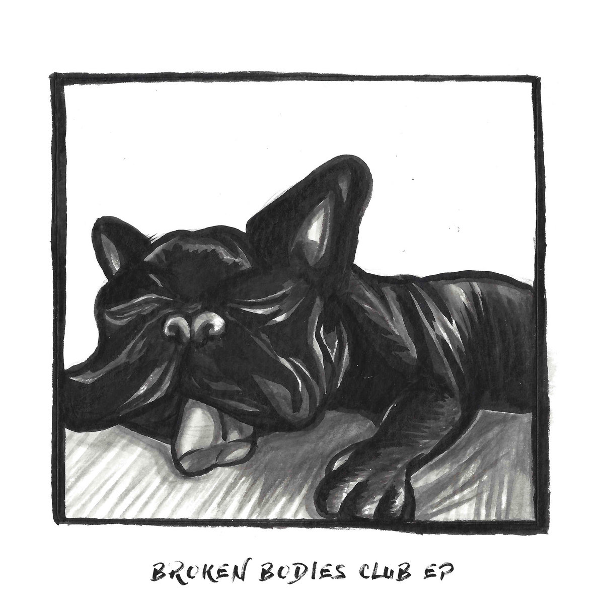 Album artwork of a black and white painted dog asleep with its tongue hanging from its mouth
