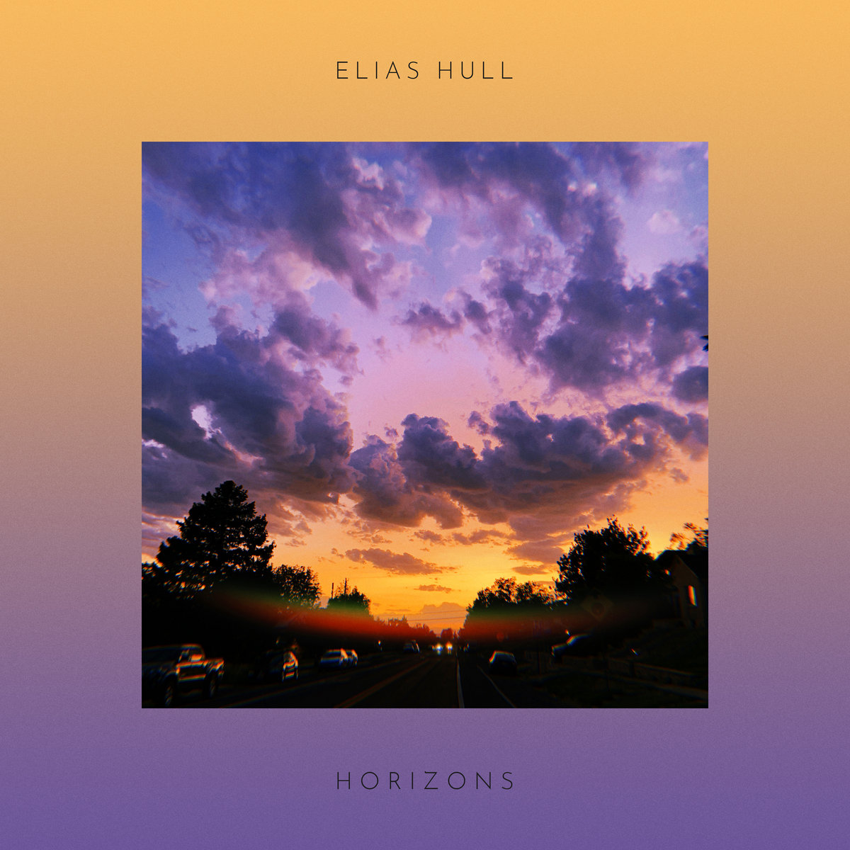 Album artwork for Horizons with a sunset over a road on top of a purple and gold gradient