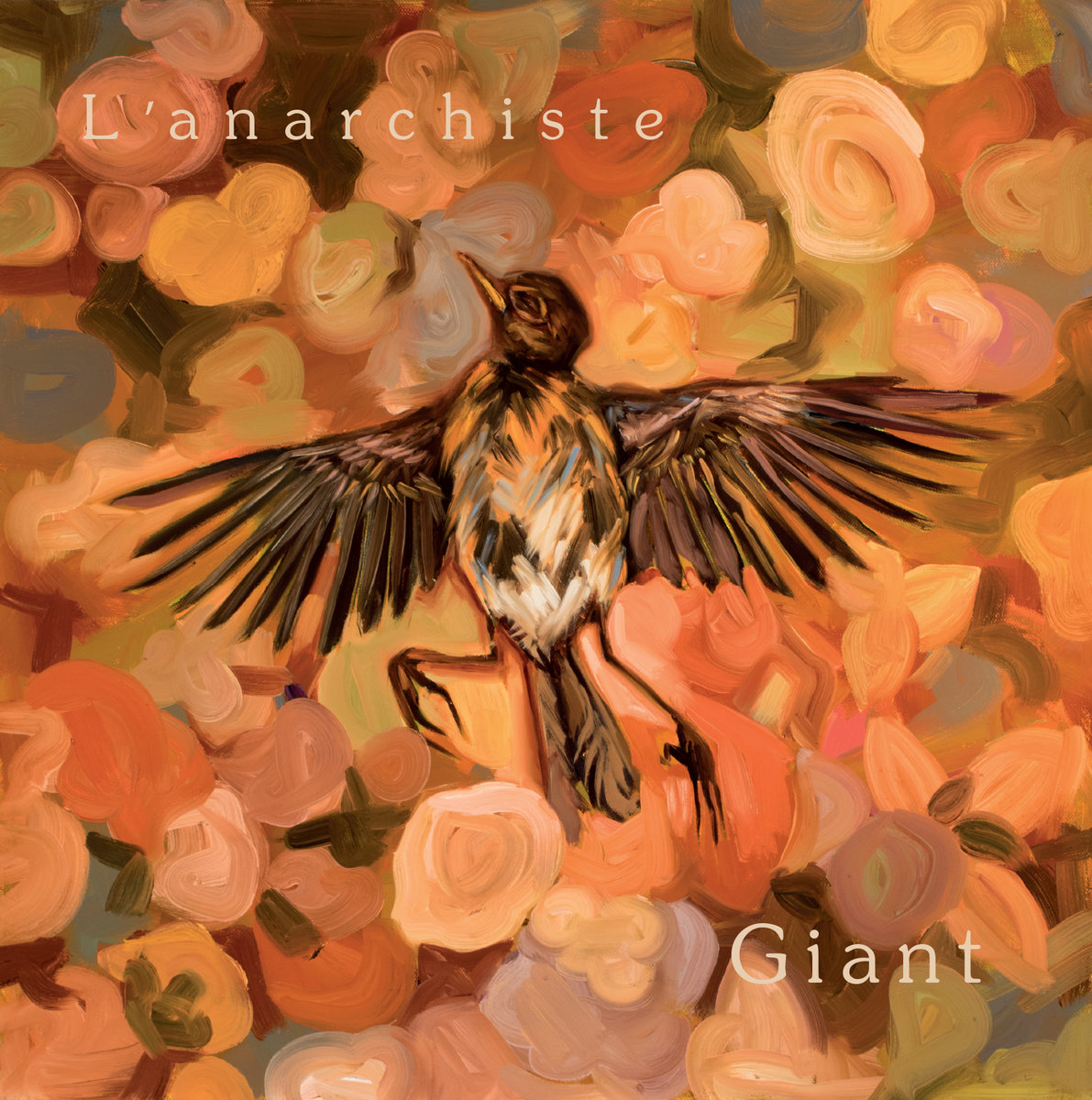 Album artwork of a painted dead bird on top of an orange swirling background